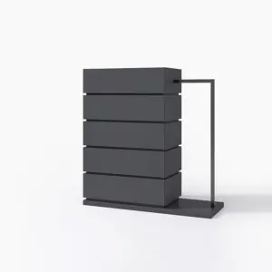 Customizable luxury modular chest of drawers in mixed colors with integrated black metal hanging rail.