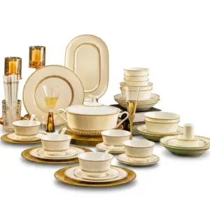 Luxury Customizable Pearl White Embossed Porcelain Dinnerware Set in a 60-piece professional arrangement.