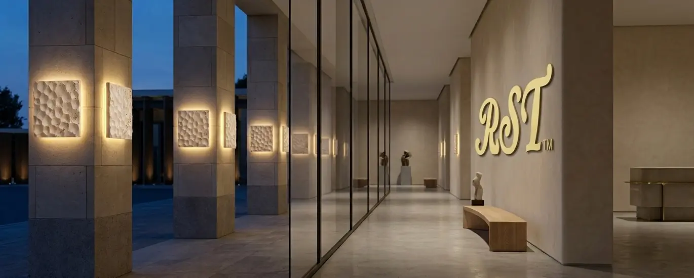RST architectural alabaster wall sconces with honeycomb texture illuminating a luxury hotel lobby and exterior facade at dusk, featuring a golden RST logo on a textured concrete wall.