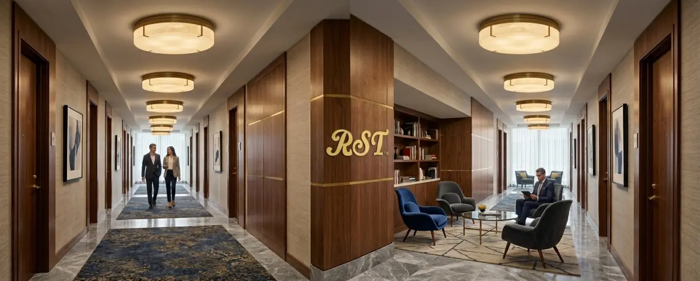 A panoramic view of a luxury hotel corridor featuring RST solid brass and resin flush mount ceiling lights, with a gold RST logo prominently displayed on a walnut wood pillar.