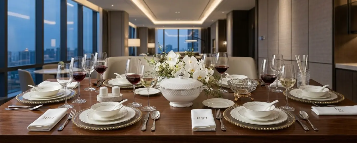 A high-end, contemporary dining room in a penthouse, featuring a meticulously set dinner table for multiple guests with fine white bone china with patterned rims, a central tureen, various wine and water glasses, cutlery, and floral centerpieces, with a panoramic twilight city skyline view outside large windows.
