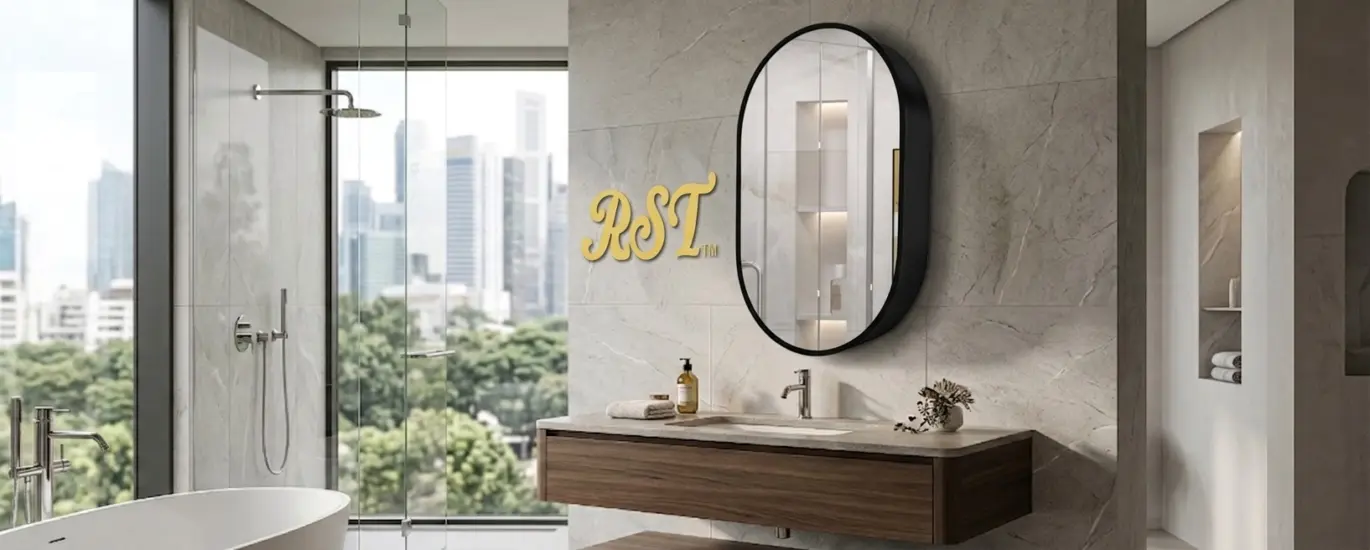 Modern Oval LED Mirror Cabinet with black frame and RST logo in a luxury hotel bathroom overlooking a city skyline.