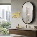 Modern Oval LED Mirror Cabinet with black frame and RST logo in a luxury hotel bathroom overlooking a city skyline.