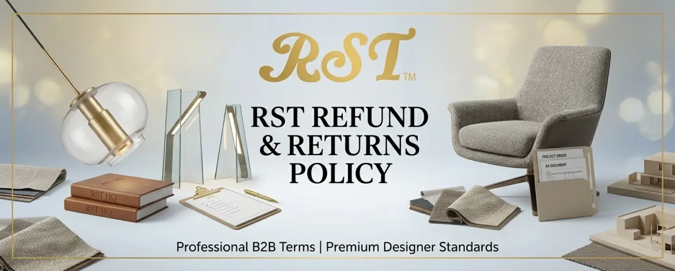 A professional featured image for the RST Refund and Returns Policy page, showcasing the RST gold script logo at the top. The image displays premium designer lighting and contract-grade furniture against a soft bokeh background. On the left, a modern glass and brass pendant light and two geometric desk lamps are arranged near leather-bound books and a clipboard. On the right, a textured fabric lounge chair is positioned next to textile samples and a file folder containing 'PROJECT ORDER' and 'RA DOCUMENT' papers. The overall scene conveys luxury, precision, and business professionalism, emphasizing the policy's subject matter.