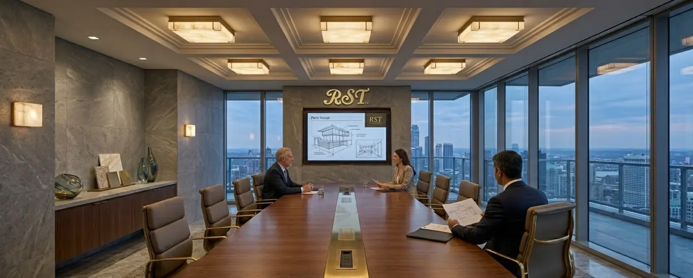 A modern executive boardroom with a city skyline view, featuring RST luxury square alabaster and solid brass flush mount ceiling lights and matching wall sconces, with a gold RST logo on the stone accent wall.