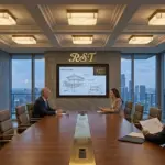 A modern executive boardroom with a city skyline view, featuring RST luxury square alabaster and solid brass flush mount ceiling lights and matching wall sconces, with a gold RST logo on the stone accent wall.