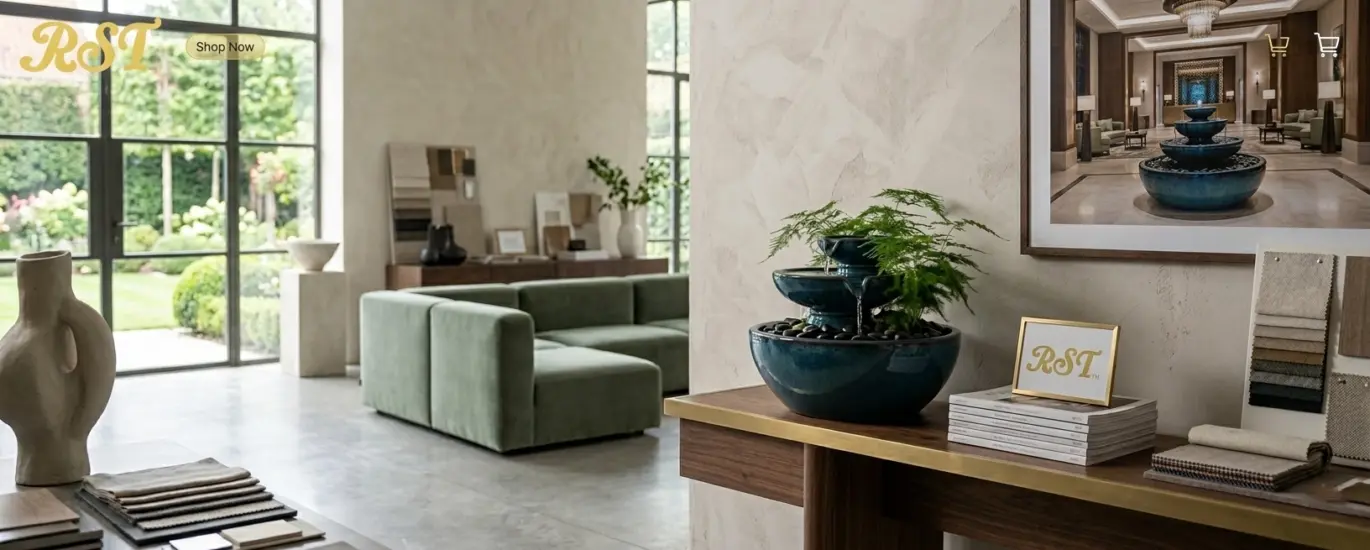 Artisanal Zen Ceramic Water Fountain by RsT with miniature landscape and Asparagus Fern on a luxury console in a high-end interior design showroom.