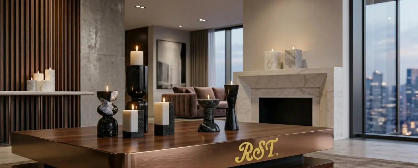Professional B2B showcase of RST luxury custom marble candle holders with branded logo on a premium wood table in a modern hotel lobby interior.