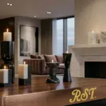 Professional B2B showcase of RST luxury custom marble candle holders with branded logo on a premium wood table in a modern hotel lobby interior.