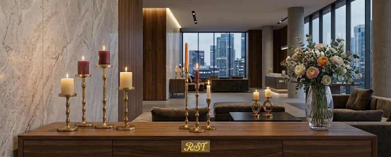 Bespoke RST luxury gold aluminum candle holders and a fresh flower vase on a walnut cabinet in a modern hotel lobby, featuring the gold RST brand logo.