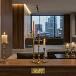 Bespoke RST luxury gold aluminum candle holders and a fresh flower vase on a walnut cabinet in a modern hotel lobby, featuring the gold RST brand logo.