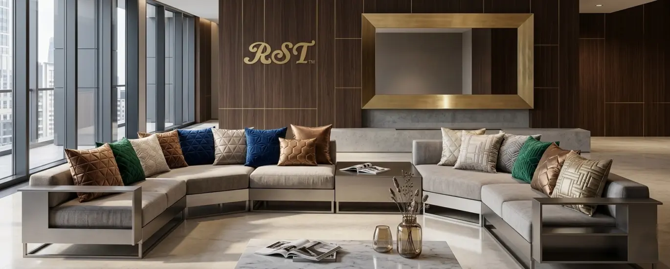 Luxury 3D geometric quilted throw pillows by RST arranged on a modular sofa in a high-end hotel lobby with a gold brand logo on a wood wall.
