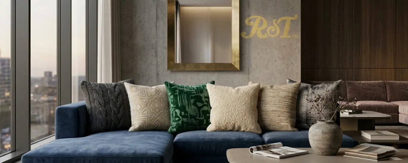 Luxury bespoke artisan textural throw pillows by RST on a navy velvet sofa in a modern commercial hotel lobby setting.