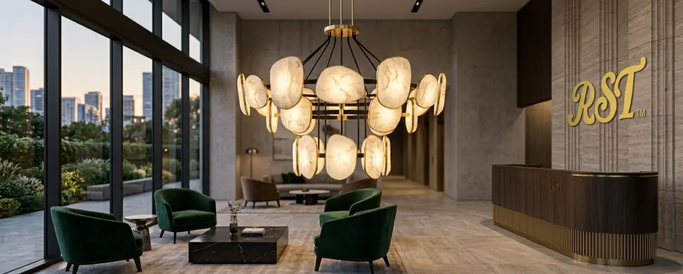 RST brand modern handcrafted brass and natural alabaster chandelier installed in a luxury hotel lobby with a gold RST logo on the marble wall.