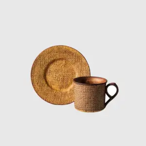 Luxury customizable brown linen motif ceramic coffee cup and saucer set designed for premium hospitality dinnerware and high-end home decor by RST.