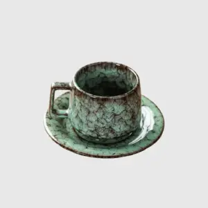 Luxury customizable ice crackle green ceramic coffee cup and saucer set with crystalline reactive glaze and geometric square handle for premium hospitality dinnerware and high-end home decor by RST.