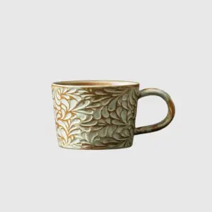 Luxury customizable embossed leaf white ceramic coffee cup and saucer set with trailing botanical leaf textures for premium hospitality dinnerware and high-end home decor by RST.