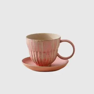 Luxury customizable pink ceramic coffee cup and saucer set with vertical chiseled texture for premium hospitality dinnerware and high-end home decor by RST.