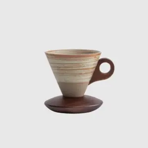 Luxury customizable brown ceramic coffee cup and saucer set with a conical tapered body and horizontal striped texture for premium hospitality dinnerware and high-end home decor by RST.