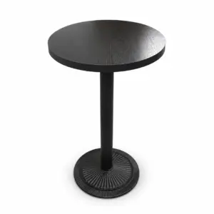 Modern matte black commercial metal bar table with round top and optional storage shelf.