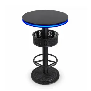 Modern black commercial metal bar table with faux slate top and integrated blue LED light ring.