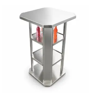 Luxury brushed stainless steel commercial bar table with integrated shelving and modern professional finish.