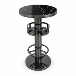 Luxury round commercial bar table with ceramic top, integrated storage, and silver brushed stainless steel base.