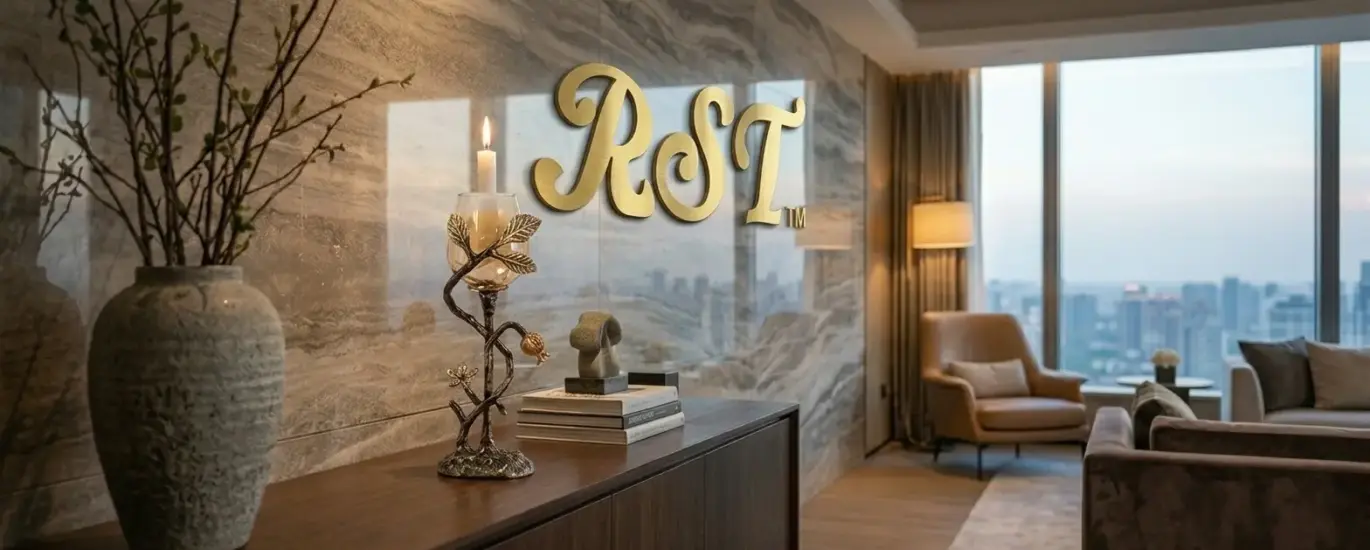 A luxury custom gold aluminum candle holder with artistic branch design placed on a wooden sideboard in a modern high-end hospitality interior with RST logo on the wall.