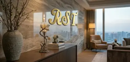 A luxury custom gold aluminum candle holder with artistic branch design placed on a wooden sideboard in a modern high-end hospitality interior with RST logo on the wall.
