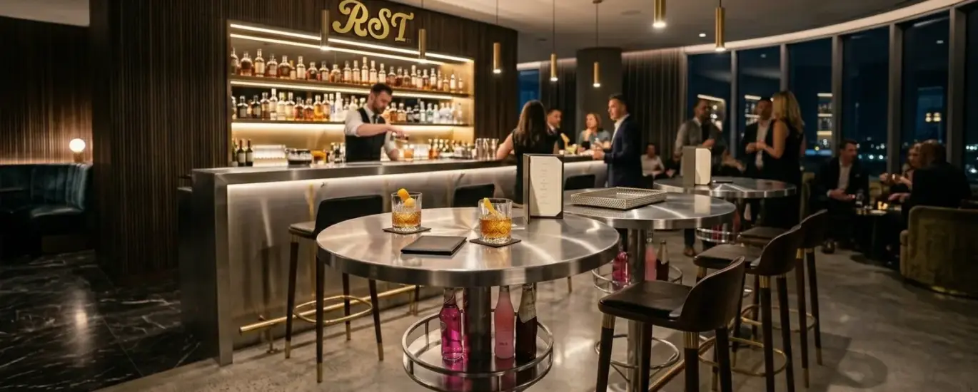 Custom F-1059 brushed stainless steel commercial high bar tables with built-in bottle storage in a luxury high-traffic sky lounge interior.