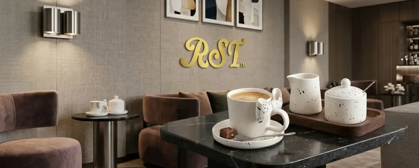 Premium RST ceramic coffee cup with a creative bow ribbon handle on a marble table inside a modern luxury hotel lounge, elevating hospitality interior design.
